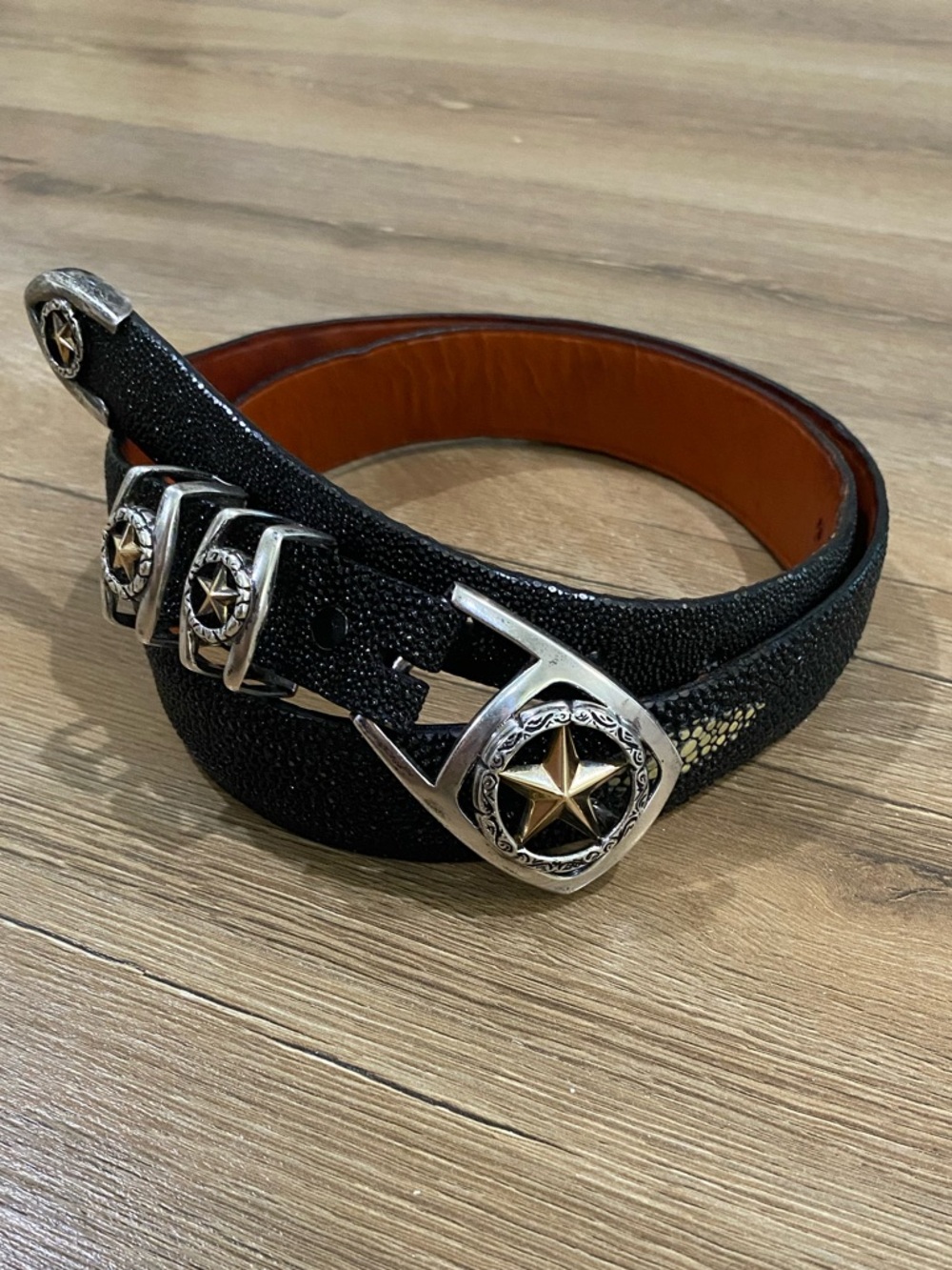 RARE Vintage 14KT GOLD & Sterling silver Genuine Stingray leather western belt